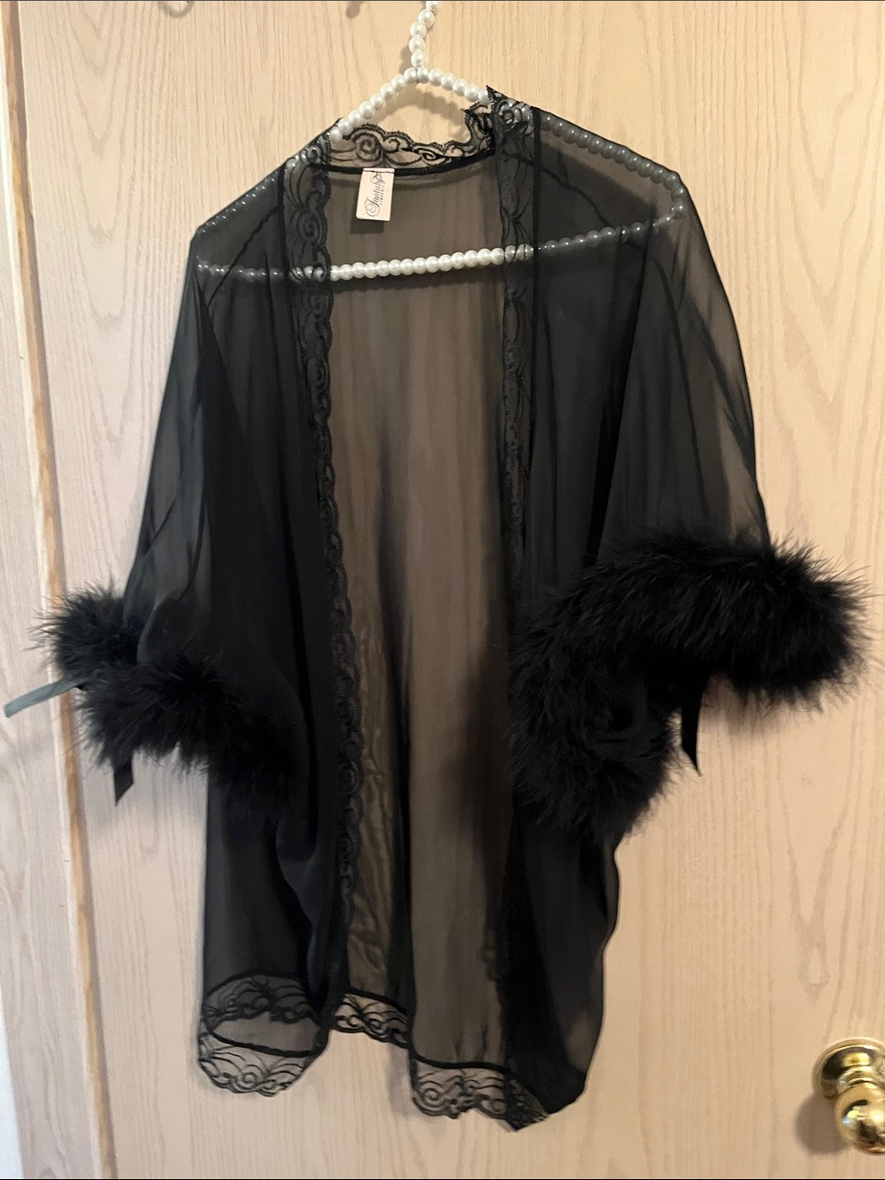Sheer Black Feather Trim Robe - Women's Intimates